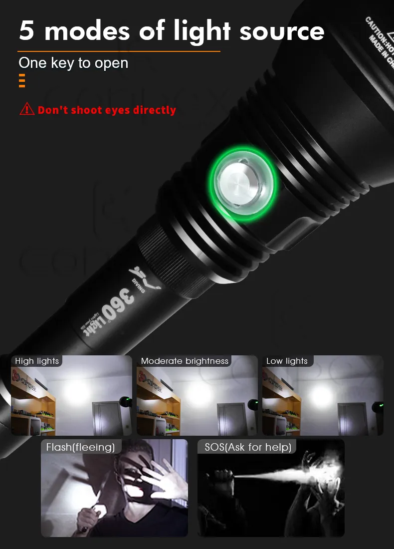 360light Brightest 6000K 80 Meter Dp70 Ipx8 Hunting Flashlight LED Torch for Diving