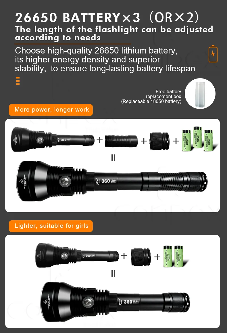360light Brightest 6000K 80 Meter Dp70 Ipx8 Hunting Flashlight LED Torch for Diving