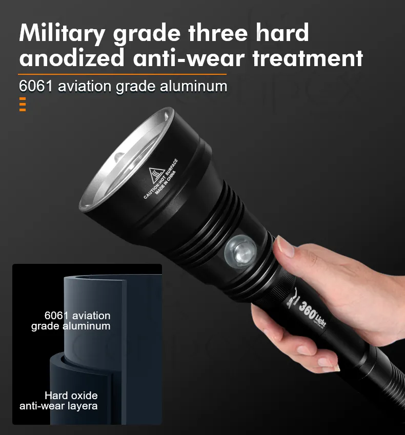 360light Brightest 6000K 80 Meter Dp70 Ipx8 Hunting Flashlight LED Torch for Diving