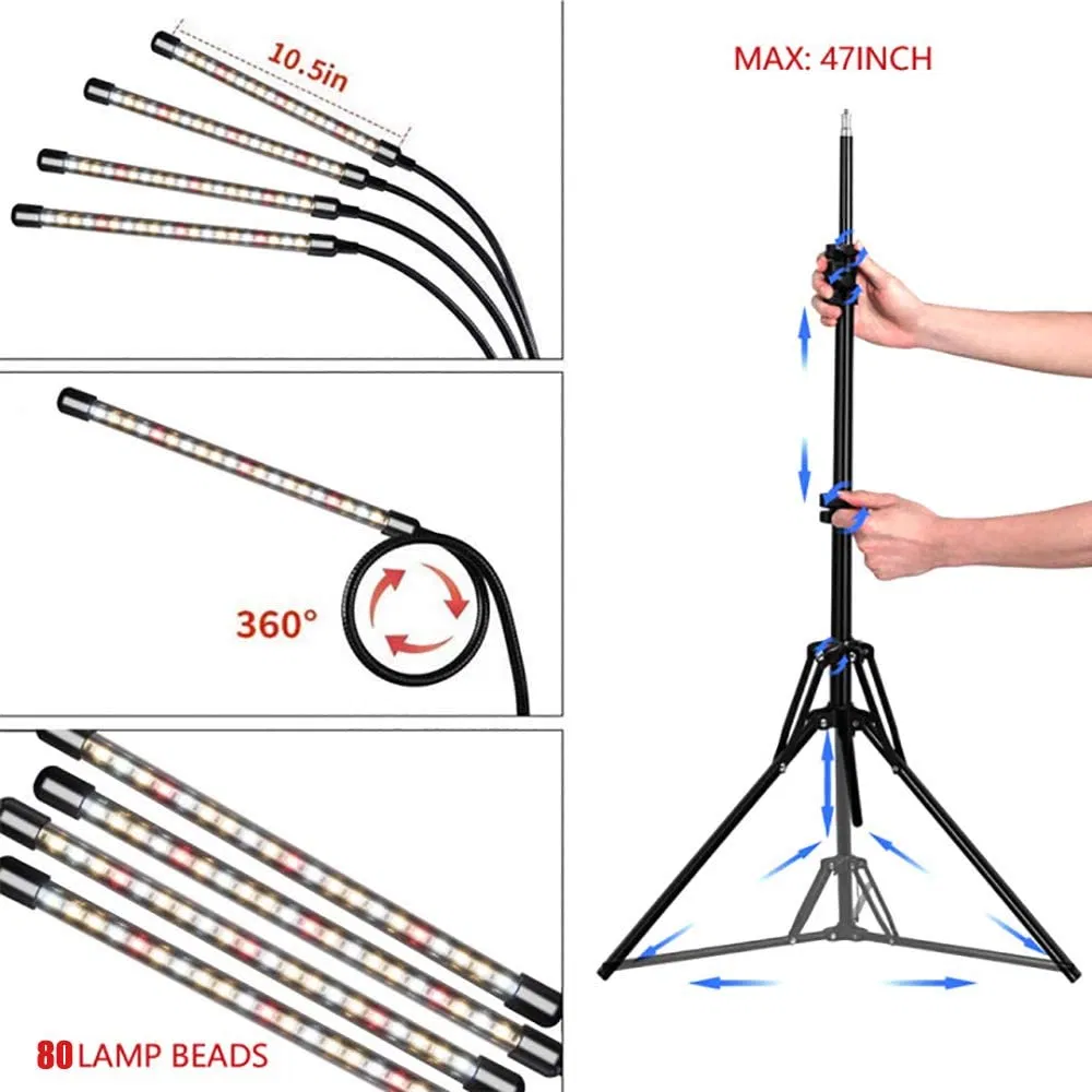 40W Tripod Stand Grow Light 4 Head LED Greenhouse Tube Grow Lamp Plant Various Growth Phase LED Grow Light Bar