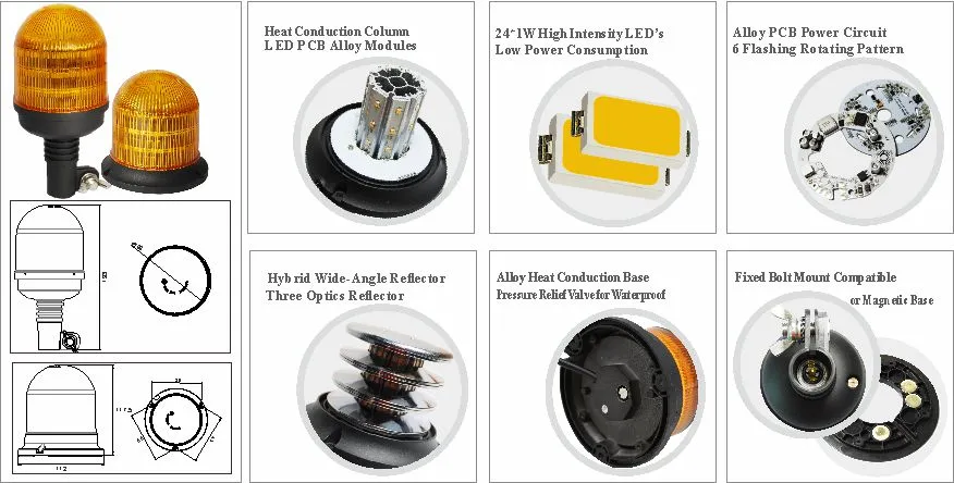 Amber Beacon Flexible DIN Pole Mount Tractor Rotating LED Warning Light ECE R65 IP69K