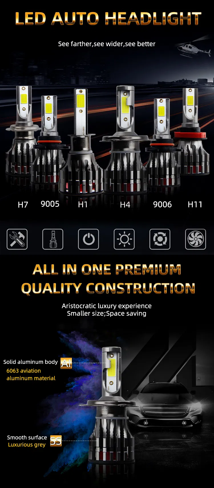 Auto System Lighting Waterproof H13 H11 9007 9004 8000lm Headlight LED, H7 H4 Car Lights LED Headlight Bulb