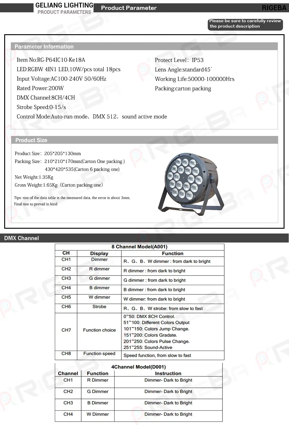 China New PAR64 18LEDs*10W RGBW 4 in 1 DMX Control Stage Light LED PAR