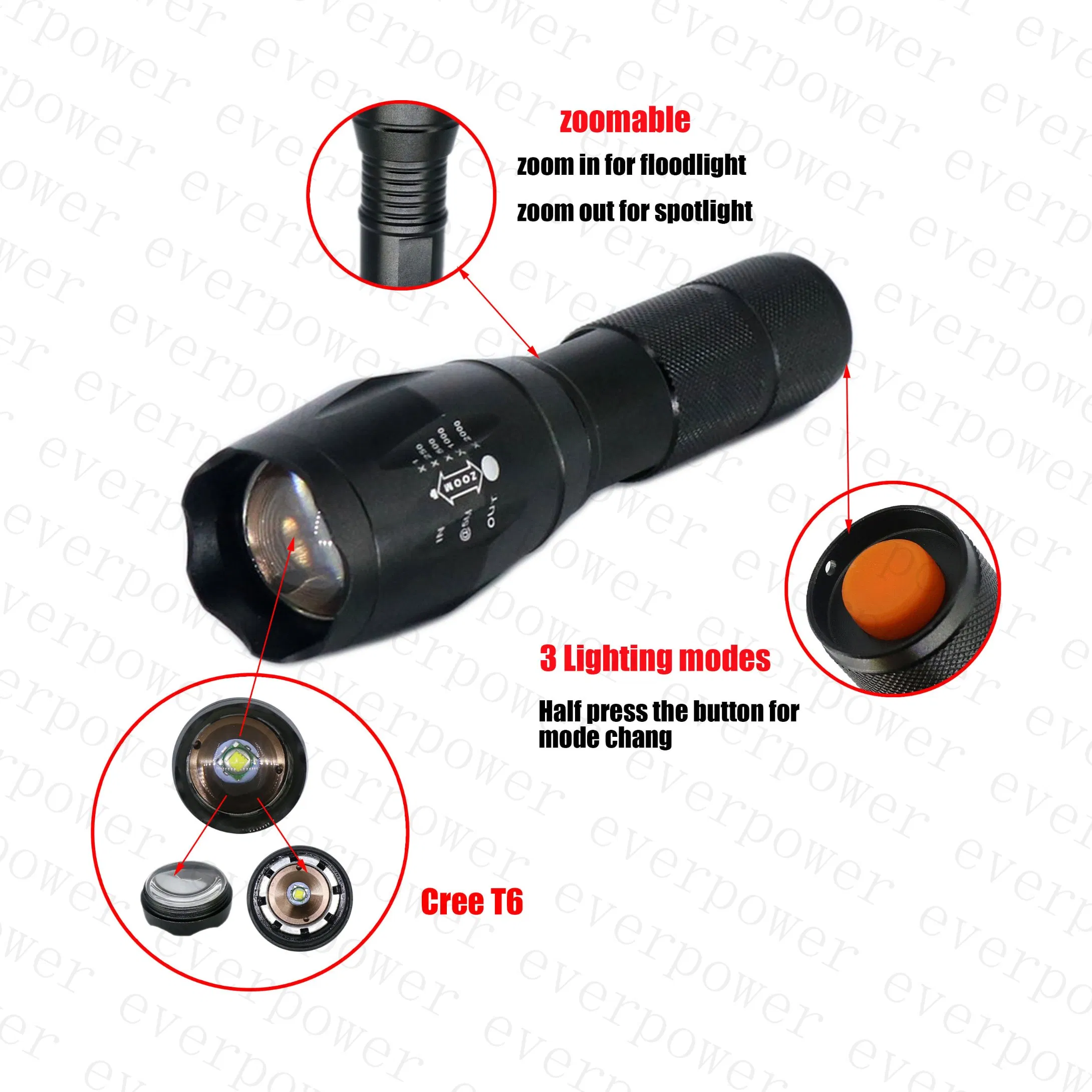High Power Aluminum Tactical Zoomable CREE T6 LED Torch