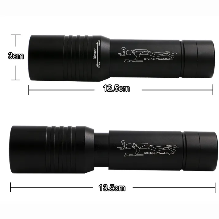 High Power T6 Rechargeable LED Aluminum Diving Flashlight Zoomable Diving Torch Light with 3 Work Modes