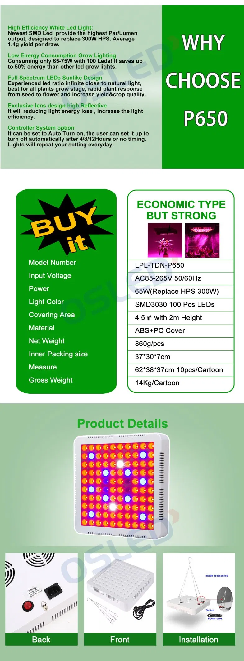 LED Grow Light, Full Spectrum Plant Growing Lamps with High Ppfd, IP65 for 2X2FT Grow Tent, Indoor Plants Seeding Veg Bloom and Growing