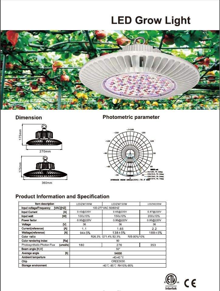 LED Grow Light Ledzw100W/Ledzw150W/Ledzw200W with 54000 Average Life Hours