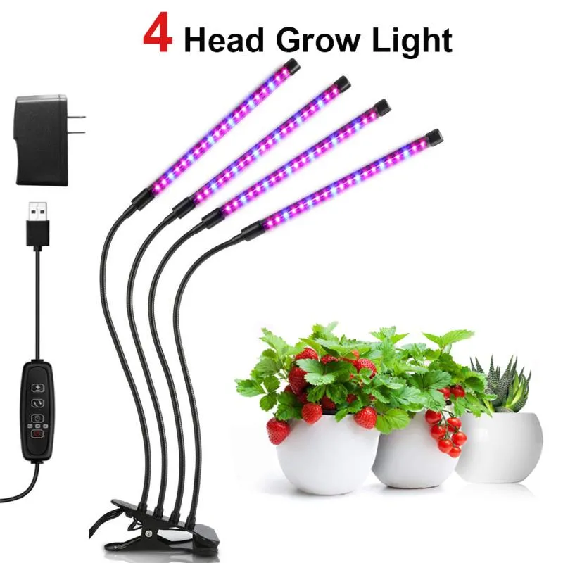 Wholesale Plant Grow Lights Full Spectrum Timer Dimmable 4 Head Flexible Clip Indoor Greenhouse LED Plant Growth Lights