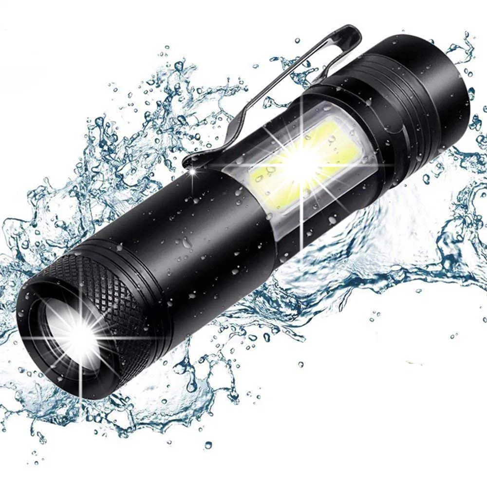 XPE COB LED Zoomable Battery Flashlight with Clip Mini Zoom Torch Lamp Penlight AA/14500 Battery 4 Modes